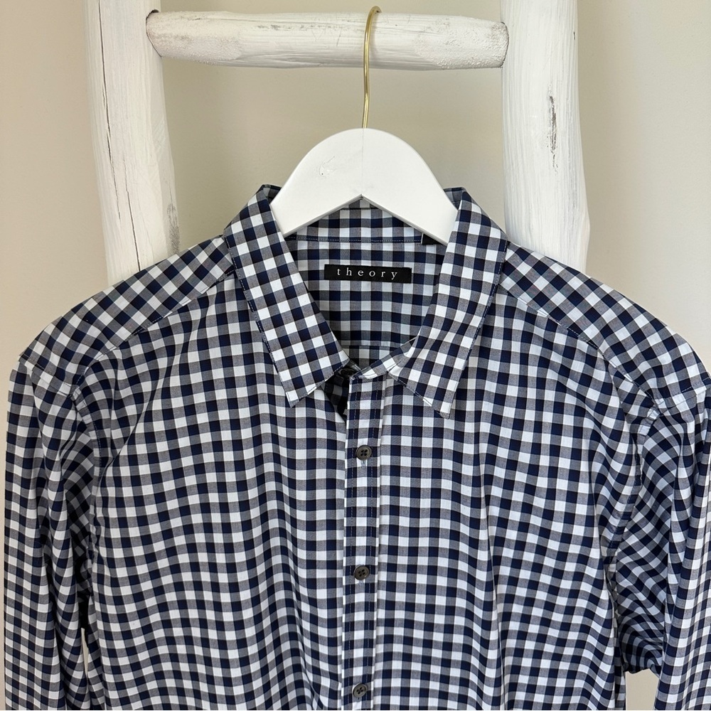 Theory Men’s Check Button-Front Cotton Long Sleeve Point Collar Shirt XL